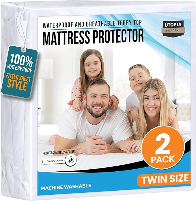 Utopia Bedding Waterproof Mattress Protector Twin Size 2 Pack, Premium 200 GSM Terry Mattress Cover, Soft & Breathable Bed Cover, Fitted Sheet Style with Stretchable Deep Pockets 15" (White)