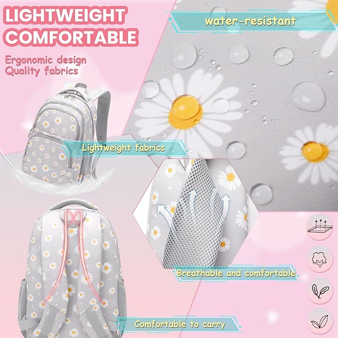 YJMKOI 3Pcs Daisy Prints Backpack for Girls Middle-School Elementary Students Bookbag Set with Lunch Box (Grey)