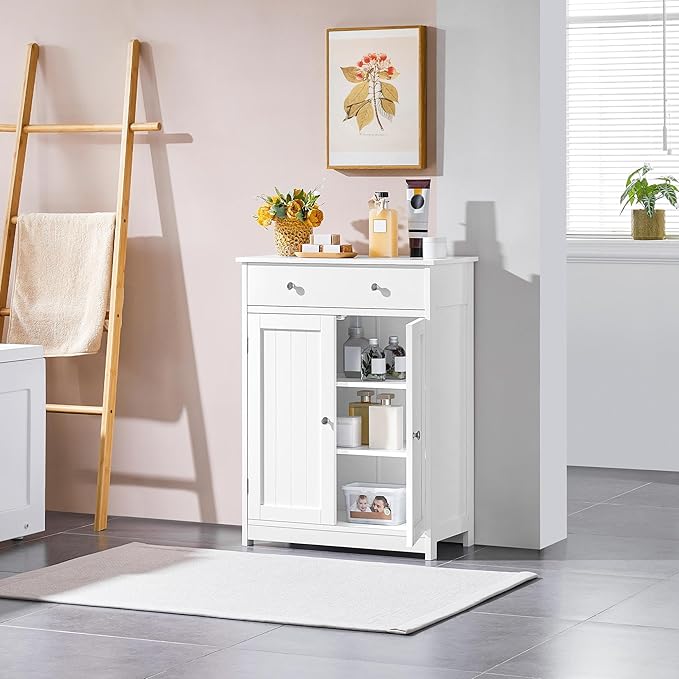 Yaheetech Bathroom Storage Cabinet with 1 Drawer and 2 Doors, Bathroom Floor Cabinet with Adjustable Shelf, Wooden Storage Units for Living Room, Entryway, Small Space,White