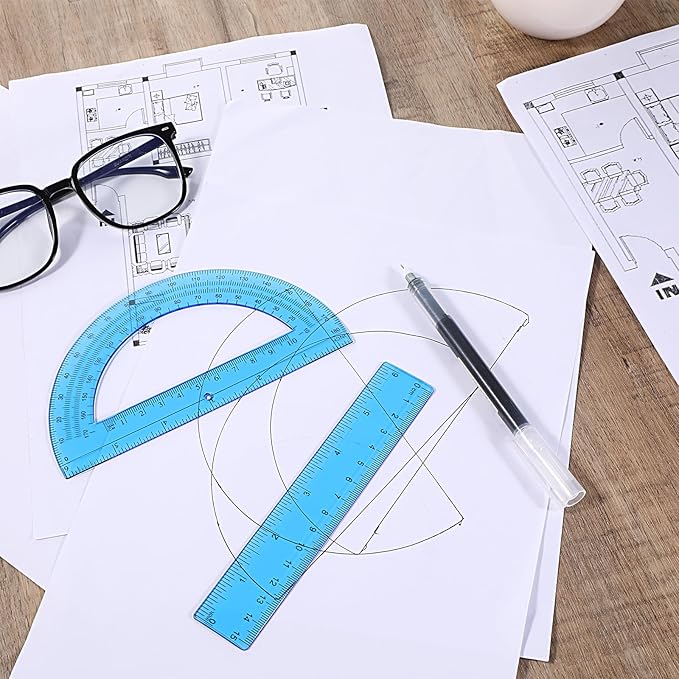 2Pcs 6 Inch Plastic Protractor and 6 Inch Plastic Ruler Set, Student Geometry Math Transparent Measuring Tools for Classroom School Office Supplies Drawing Measuring (Blue)