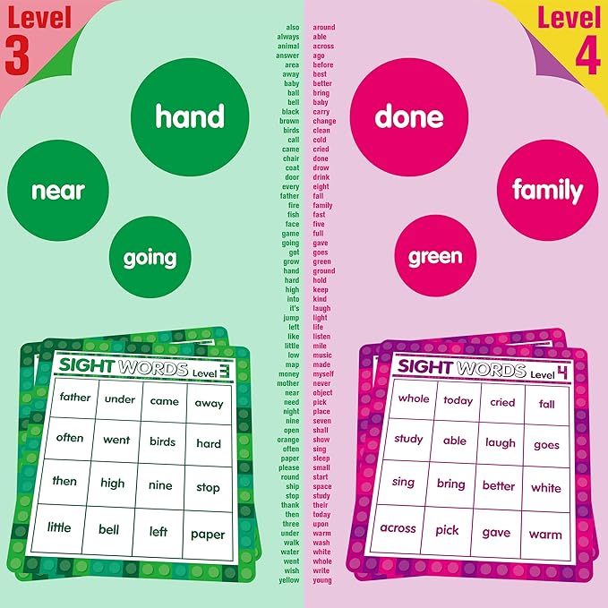 SpriteGru Sight Word Bingo Game, 120 Sight Words Learn to Read Level 3 & Level 4 Bingo Board Game Dolch's & Fry's Words Lists for Kindergarten and Preschool Kids 5+, Perfect for Classroom & at Home