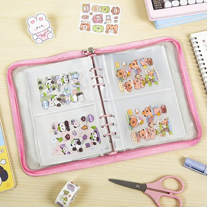 5-in-1 Sticker Organizer Book Reusable A5 Storage Binder with 220 Pockets,10 Release Papers, Zipper Album Sticker Collecting Display Keeper (Pink)