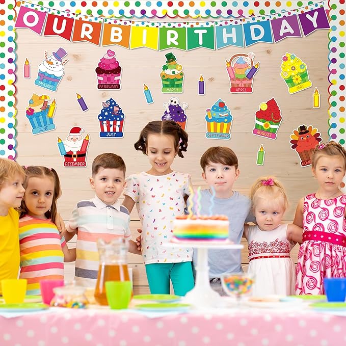 Aneco Happy Birthday Bulletin Board Decorations Cupcake Cutouts Border Trim Birthday Calendar Poster Party Supplies for School Home Wall Decor Supplies