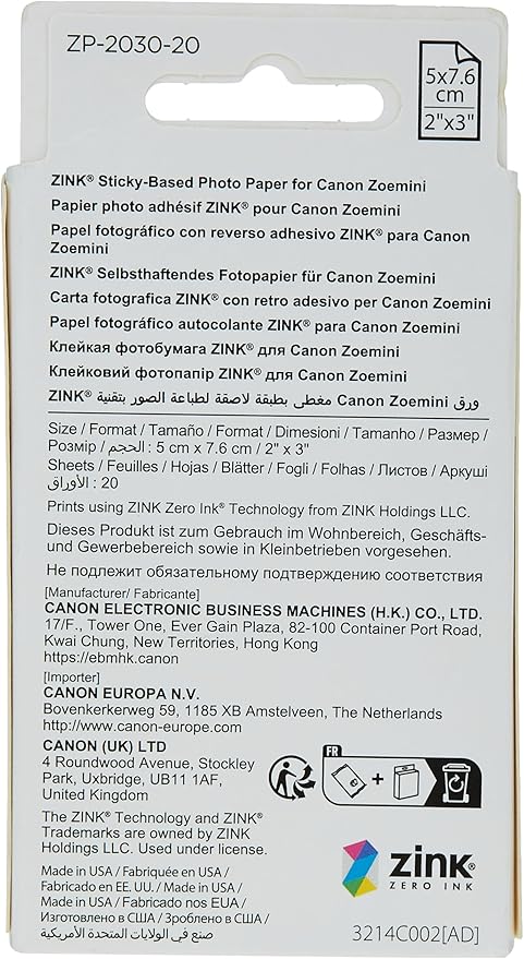 Canon Photo Paper, 2" x 3", 20 Sheets | ZINK Technology | Sticker Paper | Pack of 2