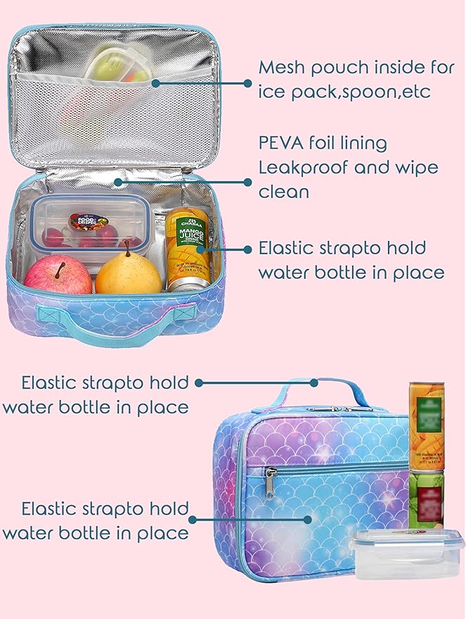 BLUEFAIRY Girls Mermaid Backpack Set with Lunch Box - Lightweight School Bookbag for Kids Aged 4-8