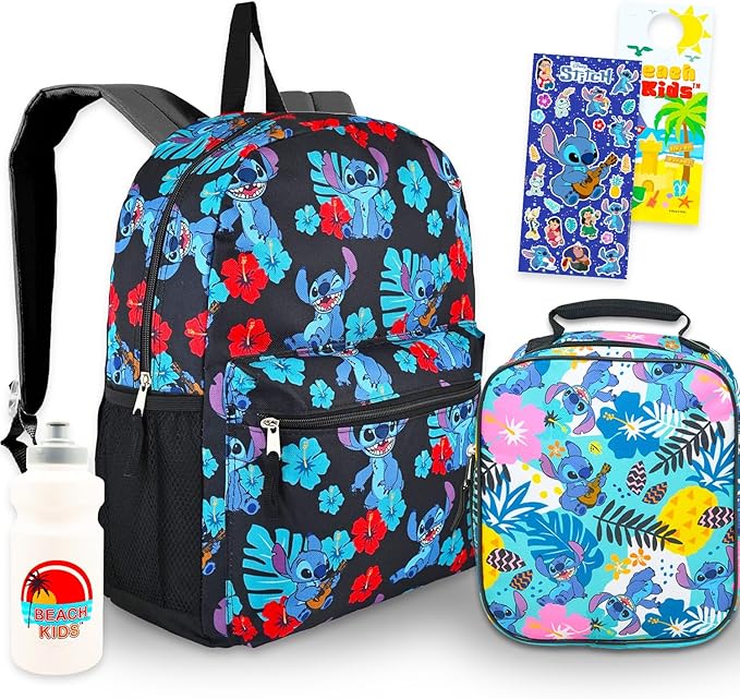Disney Stitch Backpack and Lunch Bag for Girls - Bundle with 16" School Bag, Lunch Box, Water Bottle, Stickers, More | Lilo and Stitch Backpack with Lunchbox for Kids