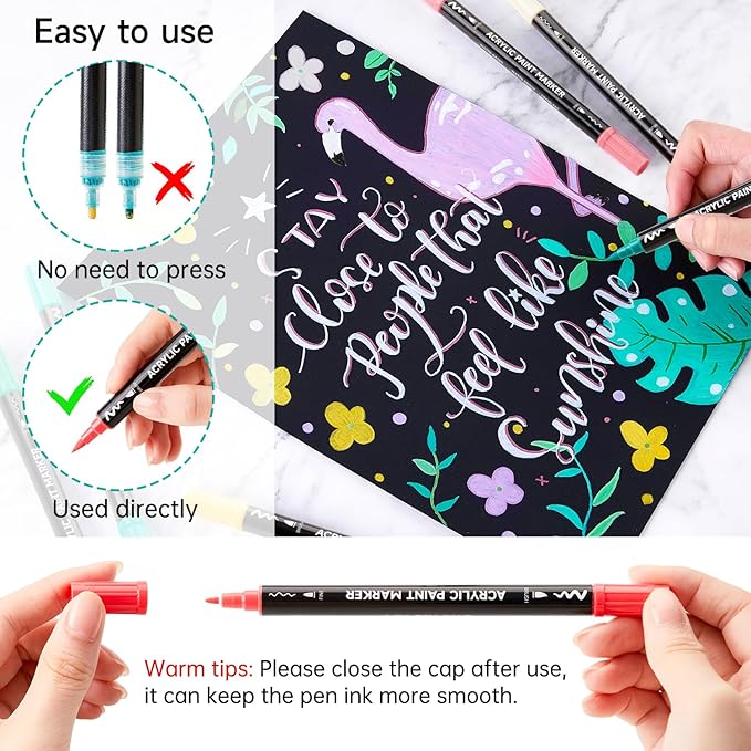 Shuttle Art 60 Colors Dual Tip Acrylic Paint Markers, Brush Tip and Fine Tip Acrylic Paint Pens for Rock, Ceramic, Wood, Canvas, Plastic, Glass, Stone, Calligraphy, Card Making, Crafts & Nail Art