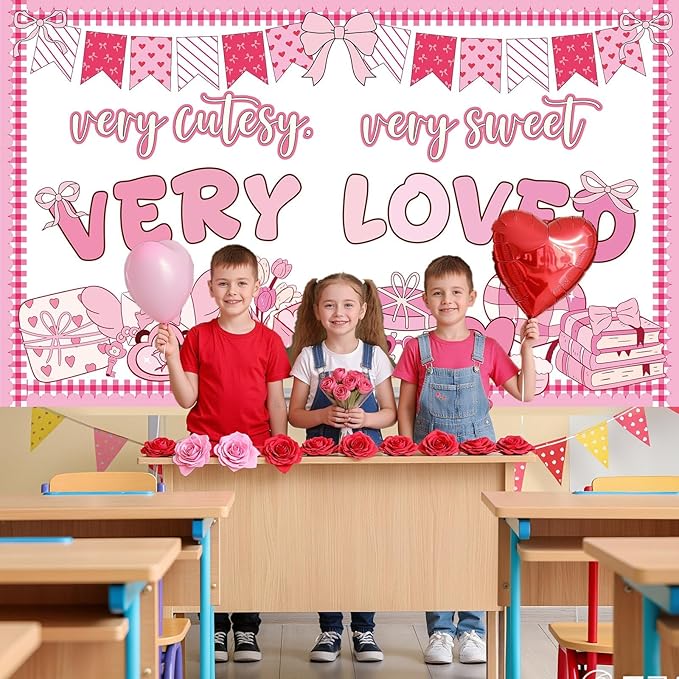 party greeting Valentines Day Bulletin Board Set Valentines Pink Bow Classroom Decorations Pink Theme Very Cutesy Sweet Loved Paper Cutouts Bulletin Board for School Office Home Wall Decor Supplies
