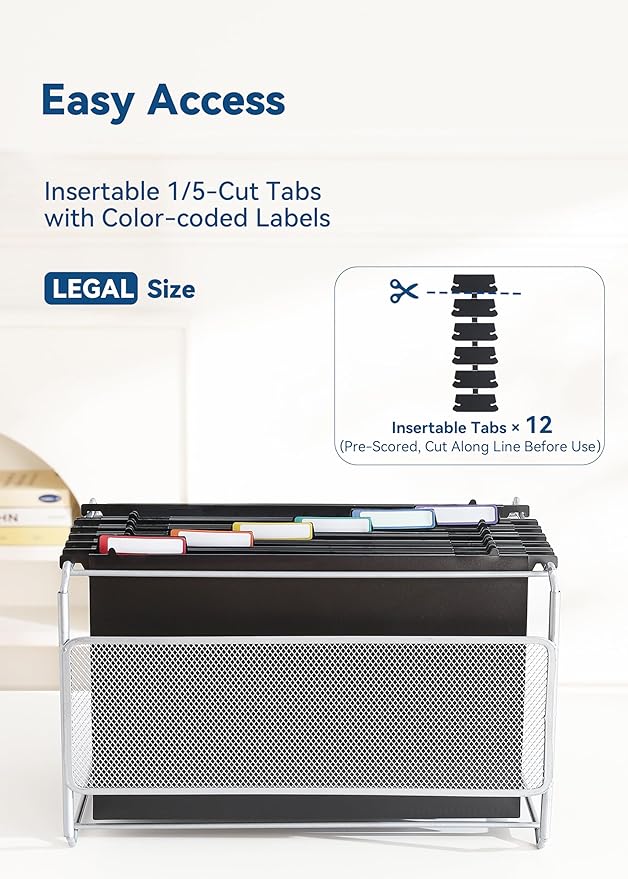 Plastic Extra Capacity Legal Size Hanging File Folders, 2" Expanding Pocket, Heavy Duty for Filing Cabinet, Insertable 1/5-Cut Tabs - 12 Pack