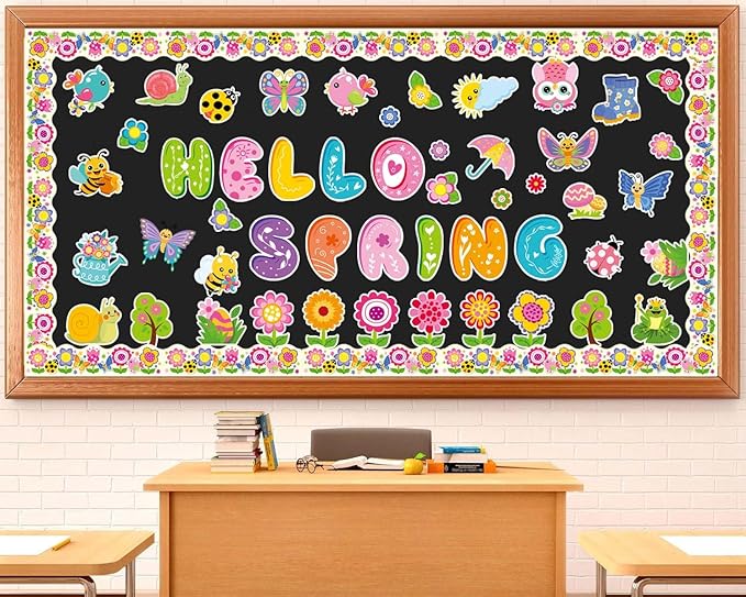 70 Pcs Hello Spring Bulletin Board Decorations - Colorful Hello Spring Cut-Outs Cute Flower Butterfly Bird Bee Bulletin Border Wall Decals for Kids DIY Craft School Classroom Decor