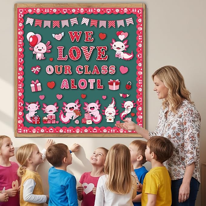 Valentine Axolotl Classroom Decor - Cute Axolotl Valentines Day Bulletin Board Decorations, We Love Our Class Paper Cutouts Set for School, Chalkboard Office Wall Decor Supplies