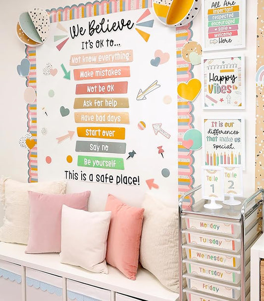 Carson Dellosa Education We Belong 82-Piece Motivational Bulletin Board Set, Motivational Bulletin Board Decorations with Boho Hearts & Dots, Positive & Inspirational Wall Decor, Boho Classroom Décor