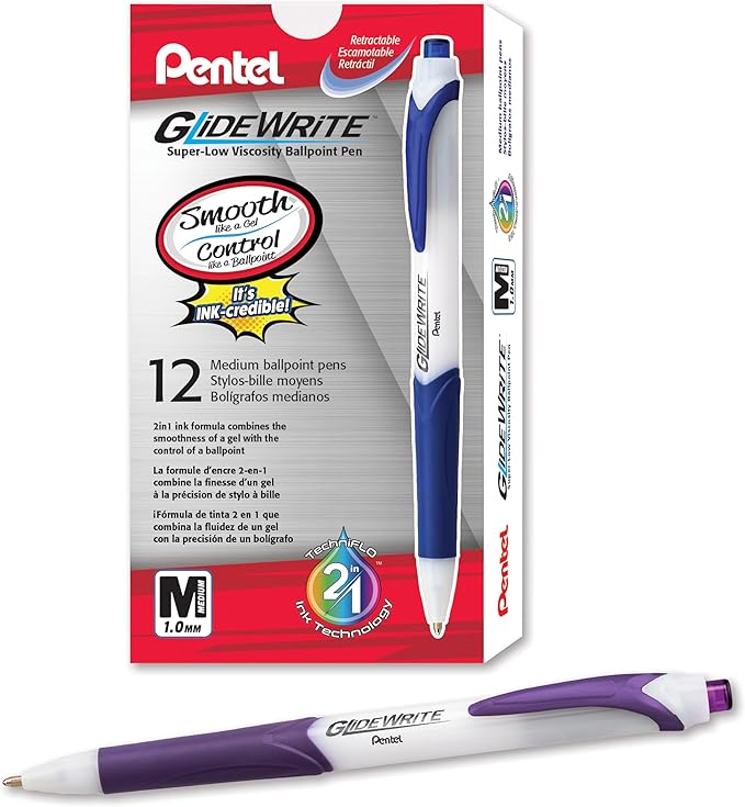 Pentel GlideWrite Ballpoint Pen with TechniFlo Ink, (1.0mm) Medium Line, Violet, Box of 12 (BX910-V)