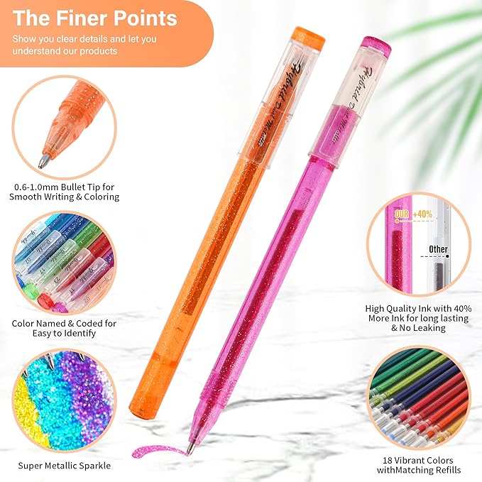 ZSCM 36 Pack Metallic Glitter Gel Pens Set, 18 Colors Sparkle Gel Pens with 18 Glitter Pen Refills in Canvas Bag for Adult Coloring Book Drawing Crafts Scrapbooks Journaling