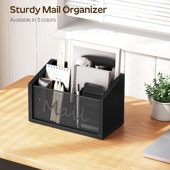 Mail Organizer Countertop, Mail Holder with 3 Slots, Mail Sorter for Desk, Wooden Office Desk Organizer, Mail Organizer for Magazines, Files, Papers, Folders, Black MR03BB