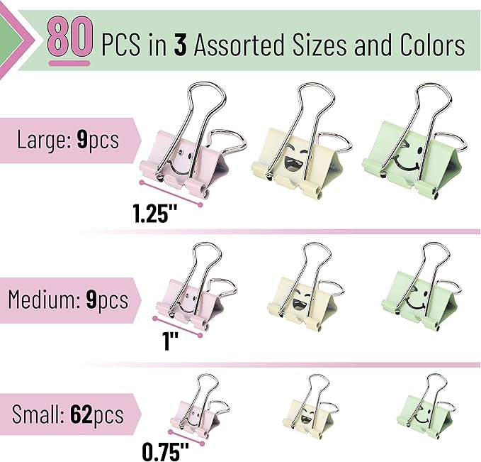 Mr. Pen- Cute Binder Clips, 80 pcs, Assorted Sizes, Smiley Binder Paper Clips, Bulk Paper Clamps for Office Supplies, Home, School, Business, Document Organizing