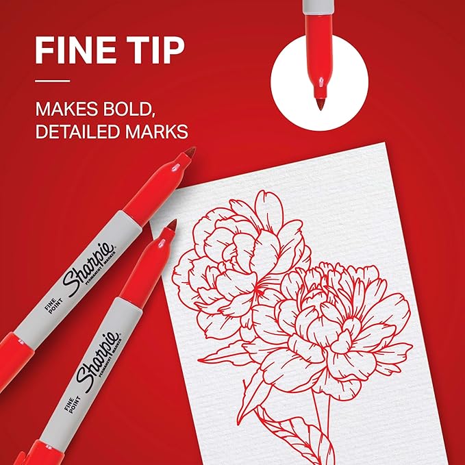 Sharpie Permanent Markers Set Fine Tip Markers Quick Drying And Fade Resistant For Plastic Metal Wood And More Drawing Coloring And Poster Marker Red 12 Count