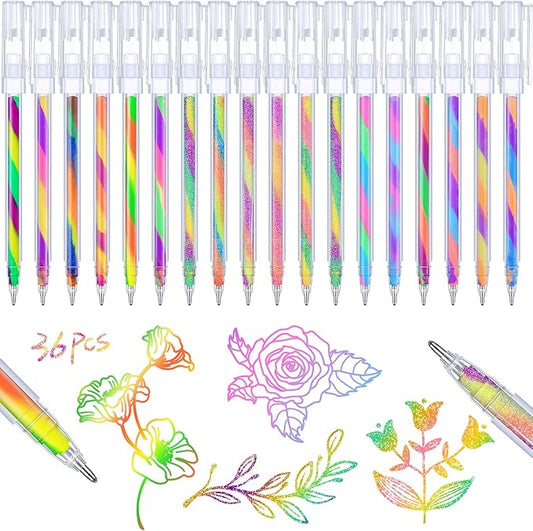 Janlaugh 36 Pcs Rainbow Gel Pens Color Changing Glitter Neon Gel Rainbow Pens for Adult Coloring Books Drawing Doodling Journaling Crafts Scrapbooks Sketching Supplies