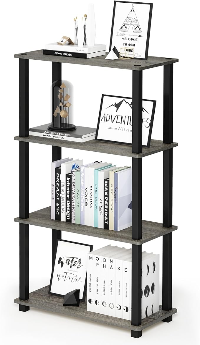 Furinno TURN-S-TUBE Storage Shelves, 4-Tier Book Shelf, Corner Shelf, Toolless Open Shelves, for Organization and Storage, Living Room, Garage, Home Office, French Oak