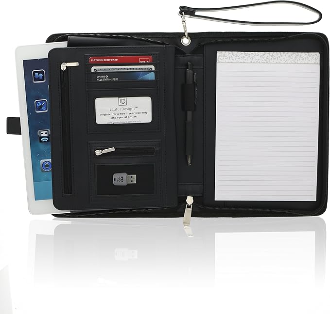 Customized Junior Zippered Leather Padfolio - Name/Logo Printed on Black PU Leather Portfolio Binder & Organizer Folder with 8 Inch Tablet Sleeve & with Junior Legal Notepad