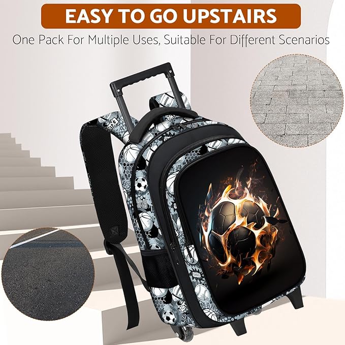 Boys Rolling Backpack for Kids - Soccer Kids Rolling Backpack with Wheels for Elementary Middle School Students - Sport Roller School Bookbag Aged 6-18, Wheeled Travel Bag Large Capacity