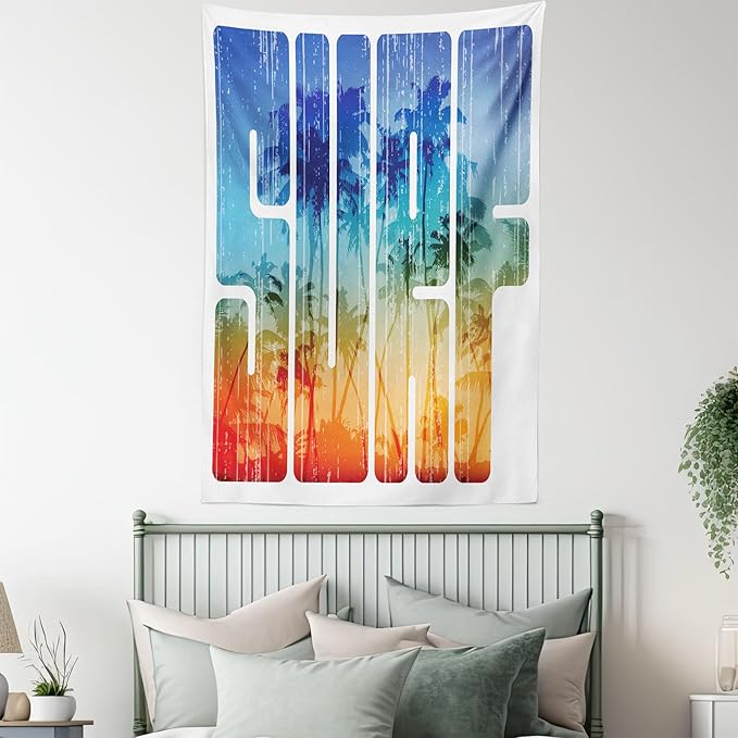 Ambesonne Surf Tapestry Twin Size, Summer Theme Retro Letters That Reflect the Seacoast Palm Tree Extreme Sports Art, Wall Hanging Bedspread Bed Cover Wall Decor, 68" X 88", Navy Orange