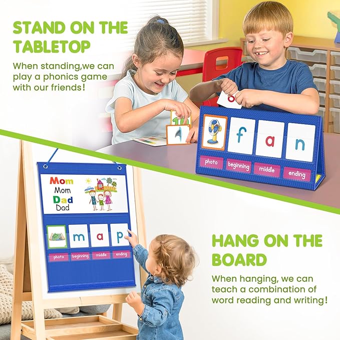 EAMAY CVC Word Building Desktop Pocket Chart Stand with Magnetic Write & Wipe Boards Tent & Cards Kit,Reading Spelling Phonics Games for Kids, Kindergarten Classroom Must Haves!
