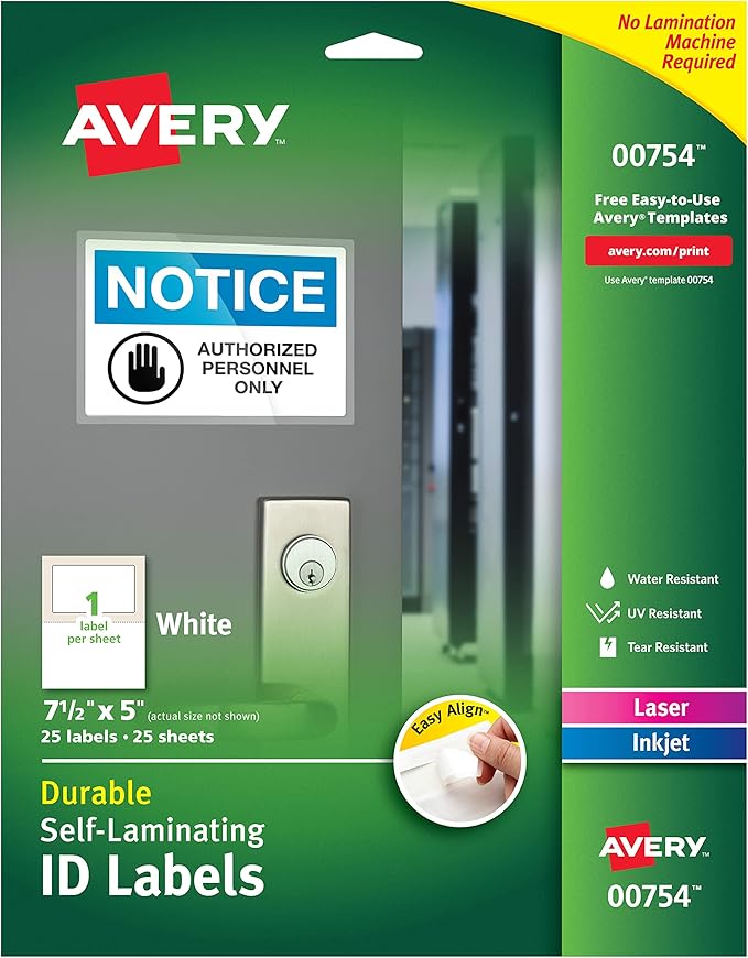 Avery 00754 Easy Align Self-Laminating ID Labels, Laser/Inkjet, 5 x 7 1/2, White (Pack of 25)