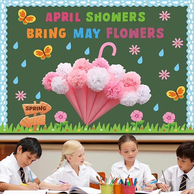 April Showers Bring May Flowers Bulletin Board with 3D Tissue Paper Pompoms Summer Floral Classroom Decoration Umbrella Clouds Flower Cutouts for Window Home Class School Nursery Supplies