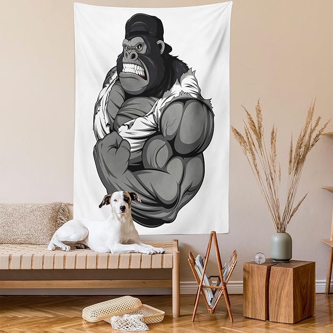 Ambesonne Cartoon Tapestry, Image of Big Gorilla Like as Professional Athlete Bodybuilding Gym Animal, Wall Hanging for Bedroom Living Room Dorm Decor, 60" X 80", Black White Grey