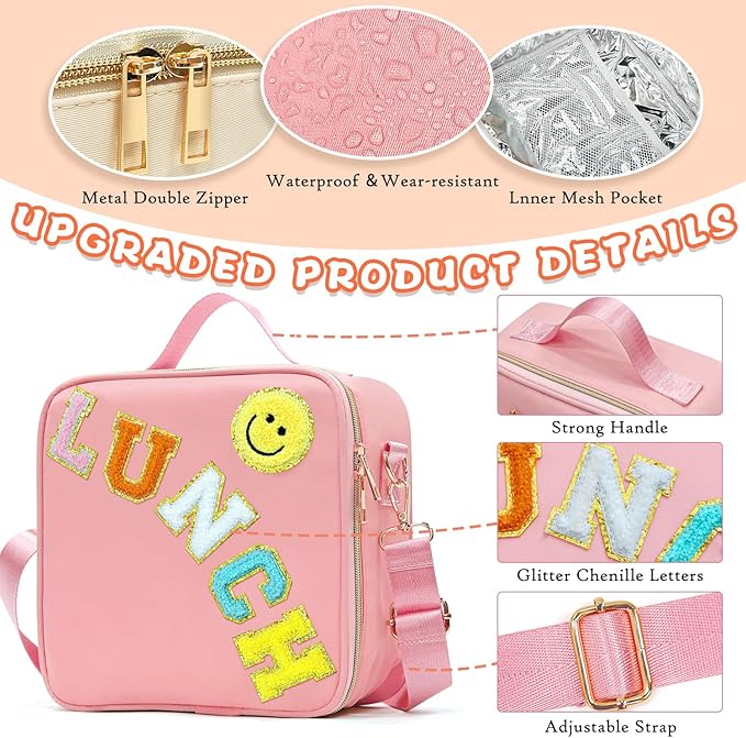 Insulated Lunch Bag Women Lunch Box Kids for Teen Girls Boys, Cute Preppy Lunch Boxes With Adjustable Shoulder Strap, Waterproof Nylon Lunchbox Lunch Bags for School Work Picnic (Light Pink)
