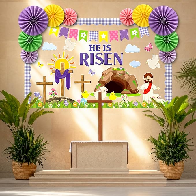Eersida Spring Bulletin Board Decorations with Paper Fans St Patricks Day 3D Classroom Bulletin Board Christian Easter Flower Bunny Cutouts School VBS Library Church Window Wall Decor(Easter)