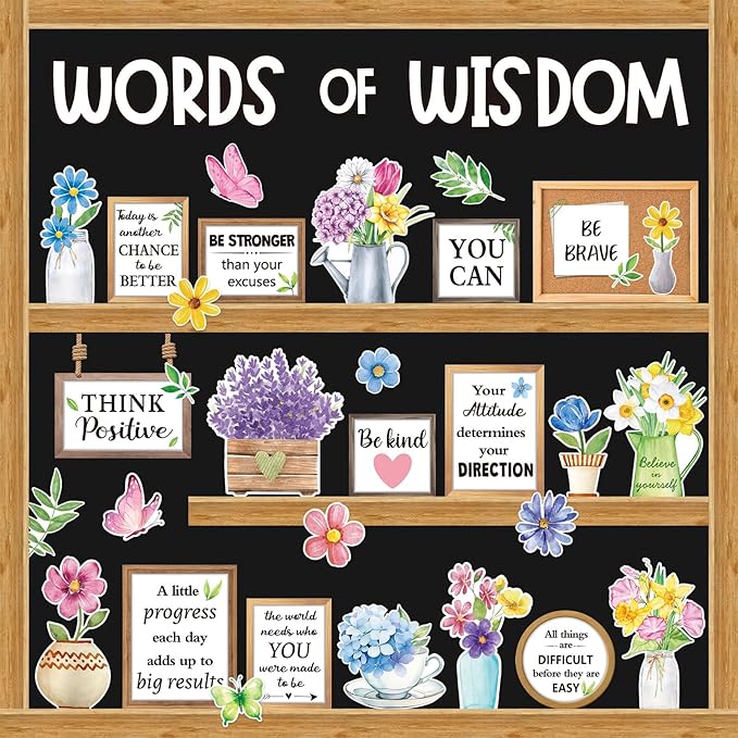 57 Pcs Spring Bulletin Board Set Inspirational Flower Bulletin Board Decoration Positive Cutout Classroom Decoration for School Office Home Teacher Classroom Wall Supplies