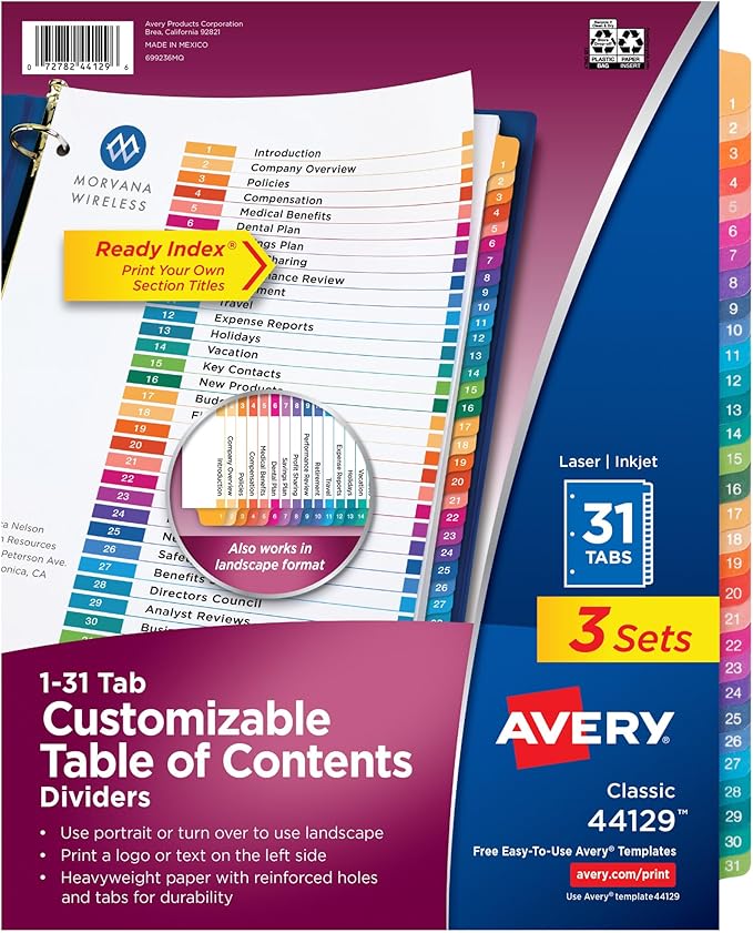 Avery 1-31 Dividers for 3 Ring Binders, 31 Tabs per Set, Customizable Table of Contents, Multicolor Tabs, Great for Organizing Reports, Projects, and More (3 Sets of 44129)