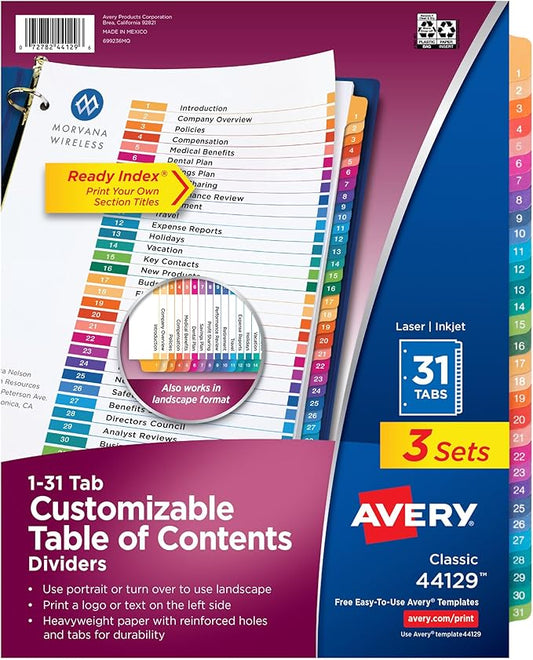 Avery 1-31 Dividers for 3 Ring Binders, 31 Tabs per Set, Customizable Table of Contents, Multicolor Tabs, Great for Organizing Reports, Projects, and More (3 Sets of 44129)