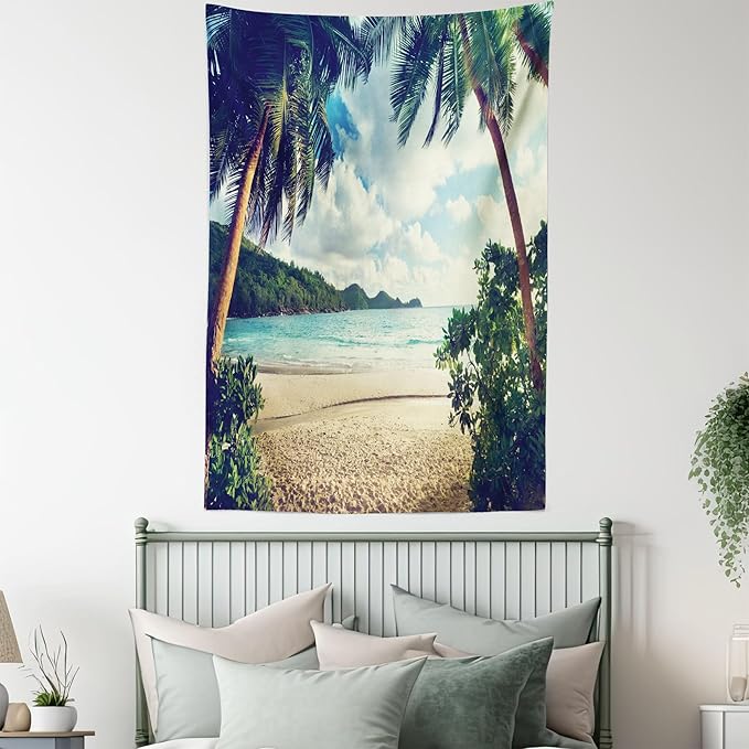 Ambesonne Palm Tree Tapestry Twin Size, Summer Beach Vintage Style Tropical Sunset Picture Print, Wall Hanging Bedspread Bed Cover Wall Decor, 68" X 88", Dark Green Sand Brown
