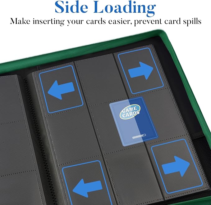 Premium Zip Card Binder, Fabmaker 9 Pocket Trading Card Binder, PU Cover Zipper Card Collection Album, Sturdy 360 Side-Loading Card Folder Holder for Game & Sports Cards, Dark Green