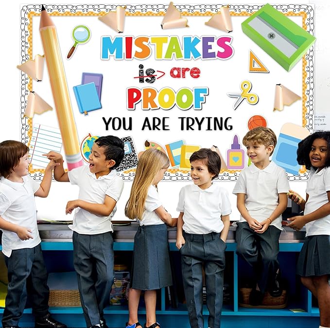 3D Back to School Bulletin Board Set Inspirational Classroom Decoration Educational Pencil Cutouts Mistakes are Proof You are Trying Bulletin Board for Teacher School Home Chalkboard Door Wall Decor