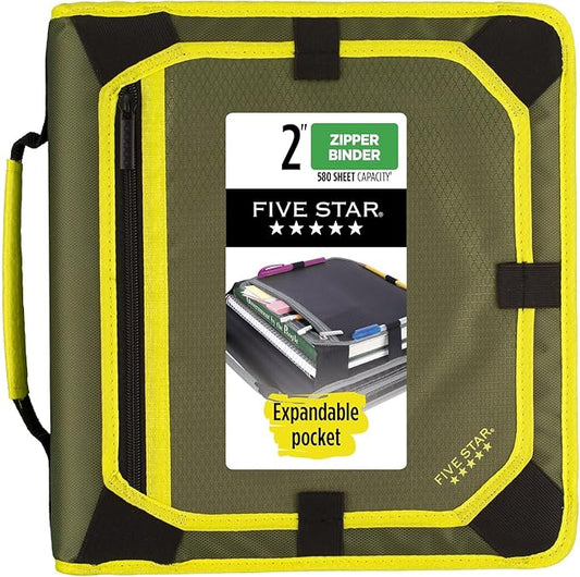 Five Star Zipper Binder, 2 Inch 3-Ring Binder with Round Rings, Expansion Panel and 5-Tab Expanding File, 580 Sheet Capacity, Olive/Citrus (290520C)