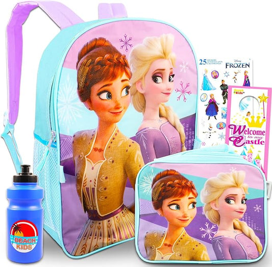 Disney Frozen Anna and Elsa Backpack School Supplies Set for Girls ~ Bundle with 16" Frozen School Bag, Lunch Bag, Plastic Water Bottle, Frozen Stickers, and More.