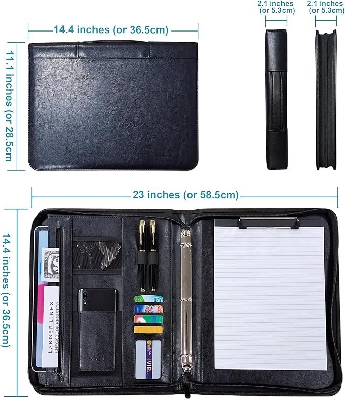 Faux Leather 3 Ring Portfolio Binder With Handle, Business Padfolio for Men & Women, Zippered Document Organizer for Home & Office Use, Including Clipboard, Notepad and Sheet Protectors (Black)