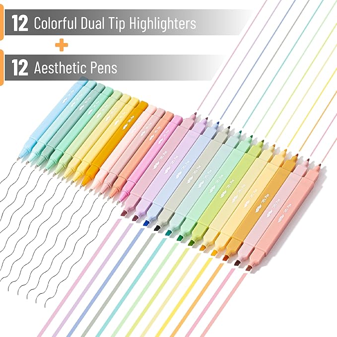 Mr. Pen- Dual Tip Aesthetic Highlighters and Pens No Bleed, 24Pack, Assorted Colors Bible Highlighters, Black Ink No Bleed Through Ballpoint Pens Ballpoint