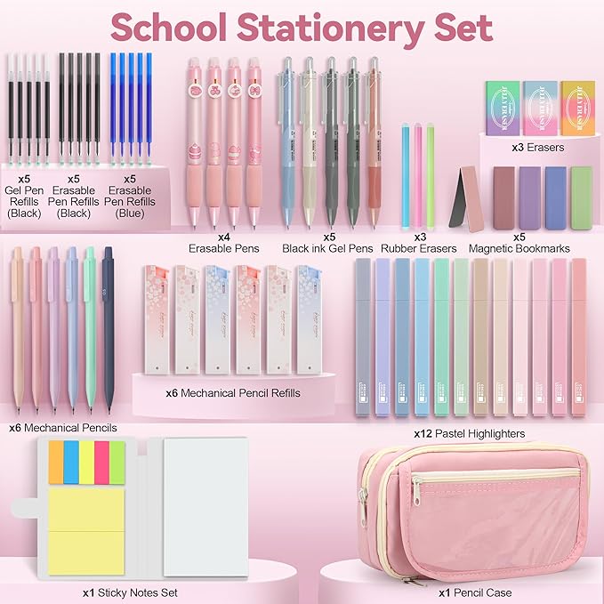 61 PCS Aesthetic School Supplies with Cute Pencil Case, Pastel No Bleed Highlighters, Gel & Erasable Pens, Mechanical Pencils, Refills, Complete Essentials Stationery Kit for Students (Pink)