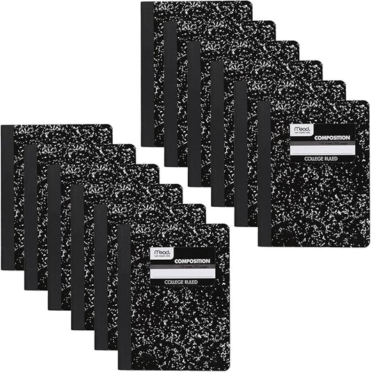 Mead Composition Notebook, 12 Pack, College Ruled Paper, 7-1/2" x 9-3/4", 100 Sheets per Comp Book, Black Marble (72938)