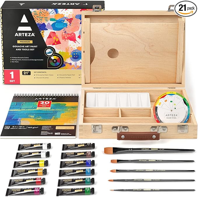 Arteza Gouache Paint Kit, 21 Pieces Art Set, 12 Gouache Art Paint Tubes, 5 Acrylic Brushes, Paper Pad, Plastic Palette, and Wooden Storage Case, Art Supplies for Professional Artists and Hobbyists