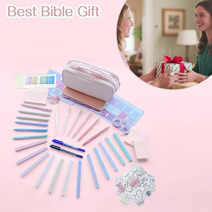 J6&H6 Complete Bible Study Supplies Journaling Kit with Tabs, Highlighter and Color Pens,Multi Functional Pencil case.Study Group Essentials Accessories Set for Women, Beginner Christian Gifts(Pink)