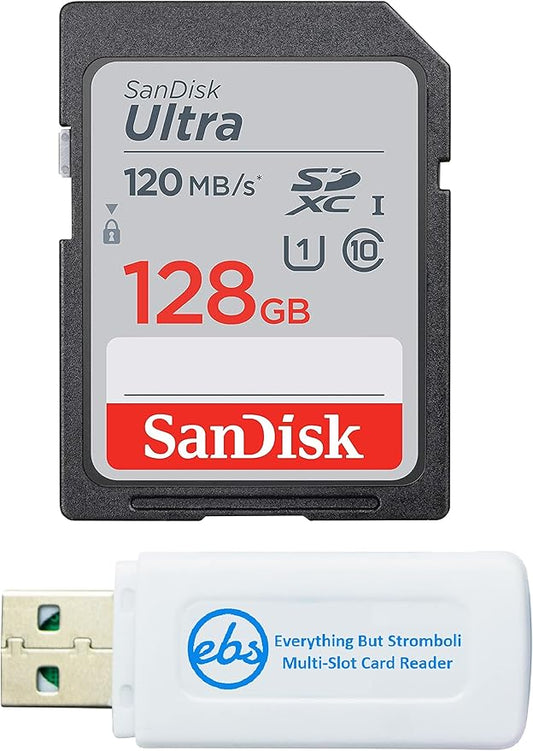 SanDisk 128GB SDXC SD Ultra Memory Card Class 10 Works with Canon EOS Rebel SL3, SL2, SL1 Digital Camera (SDSDUN4-128G-GN6IN) Bundle with 1 Everything But Stromboli Multi-Slot Card Reader