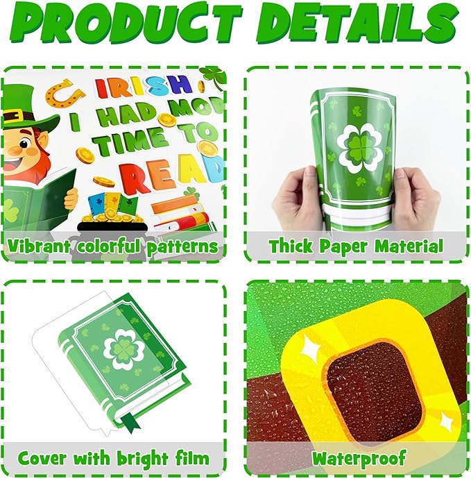 St. Patrick's Day Reading Bulletin Board Decoration Set, March Library Classroom Decorations Leprechaun Lucky Charms Shamrock Rainbow Clover Book Pot of Gold Cutouts School Wall Door Decor for Teacher
