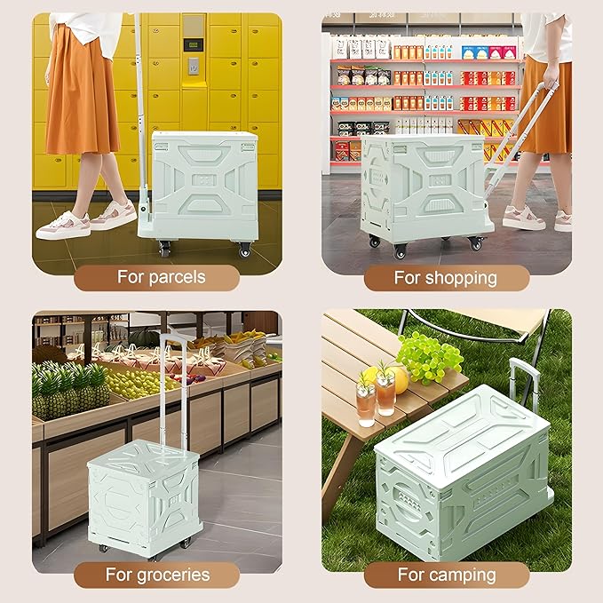 VECELO Rolling Carts with Wheels, Foldable Utility Cart, Light Weight Platform Trucks Dolly, with Recessed Design for Lids, 4 Heavy Duty Wheels, Ideal for Shopping, Camping, Teachers, Mint Green