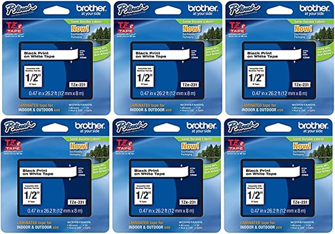 Brother Genuine P-Touch, TZe-231 6 Pack Tape ½” (0.47”) x 26.2 ft. (8m) 6-Pack Laminated P-Touch Tape, Black on White, Perfect for Indoor or Outdoor Use, Water Resistant, TZE2316PKB (TZE231)